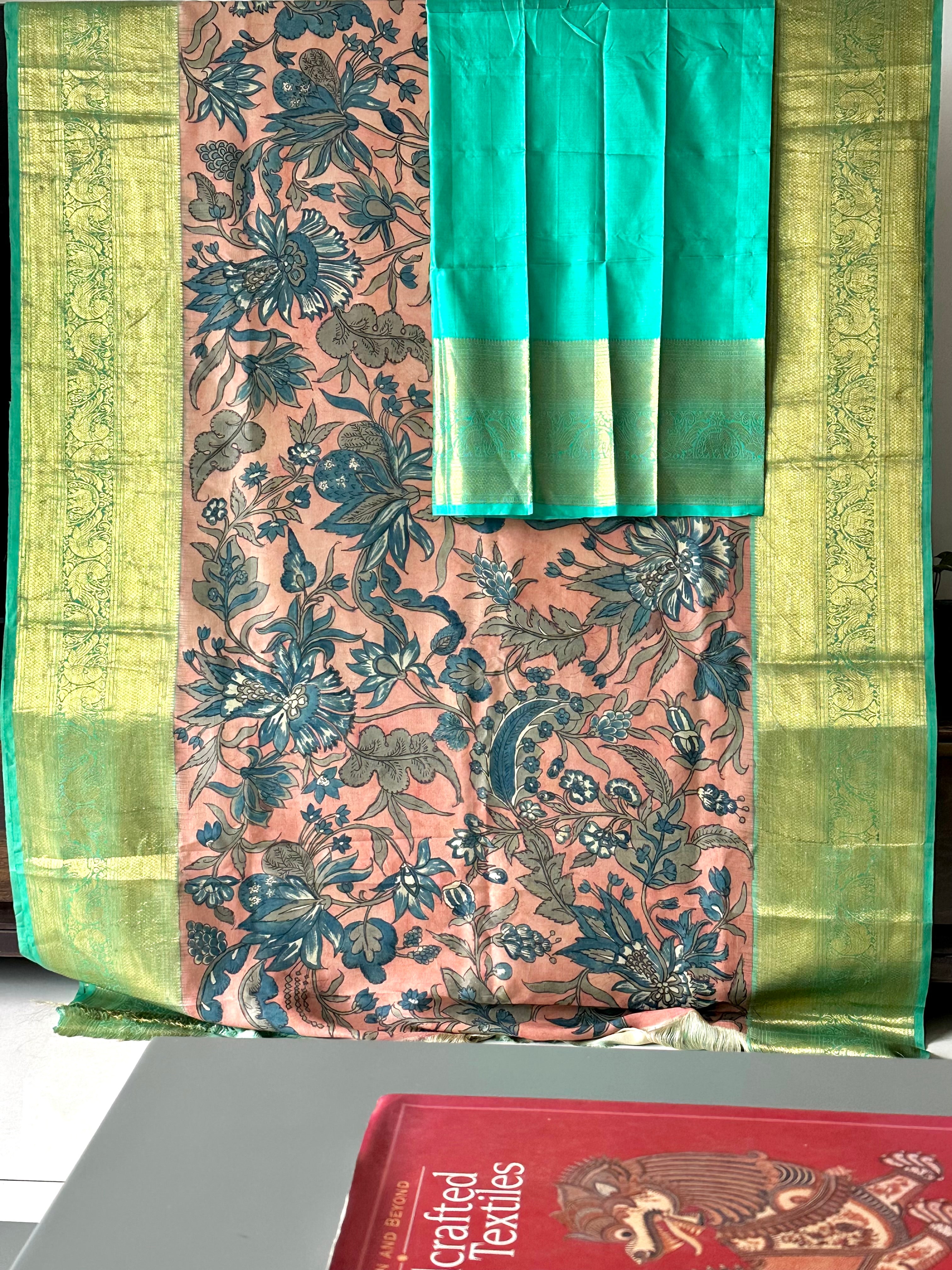 Peach and Turquoise Floral Theme Pure Silk Kanchipattu Kalamkari Saree