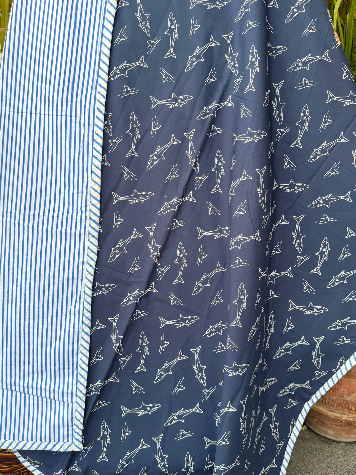 Blue Shark Print Reversible Kids Cotton Blanket