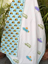 Little Cars Handblock Printed Reversible Kids Cotton Blanket