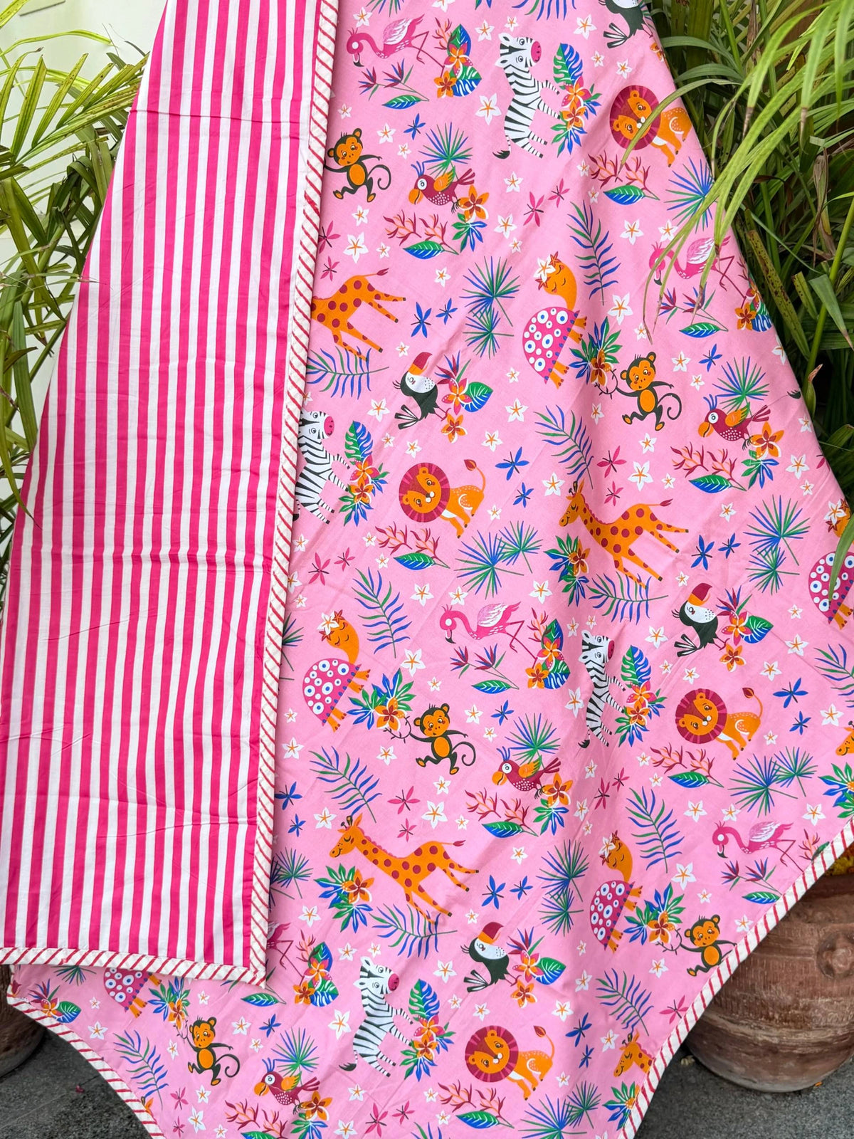 Pink Jungle Animals Reversible Kids Cotton Blanket