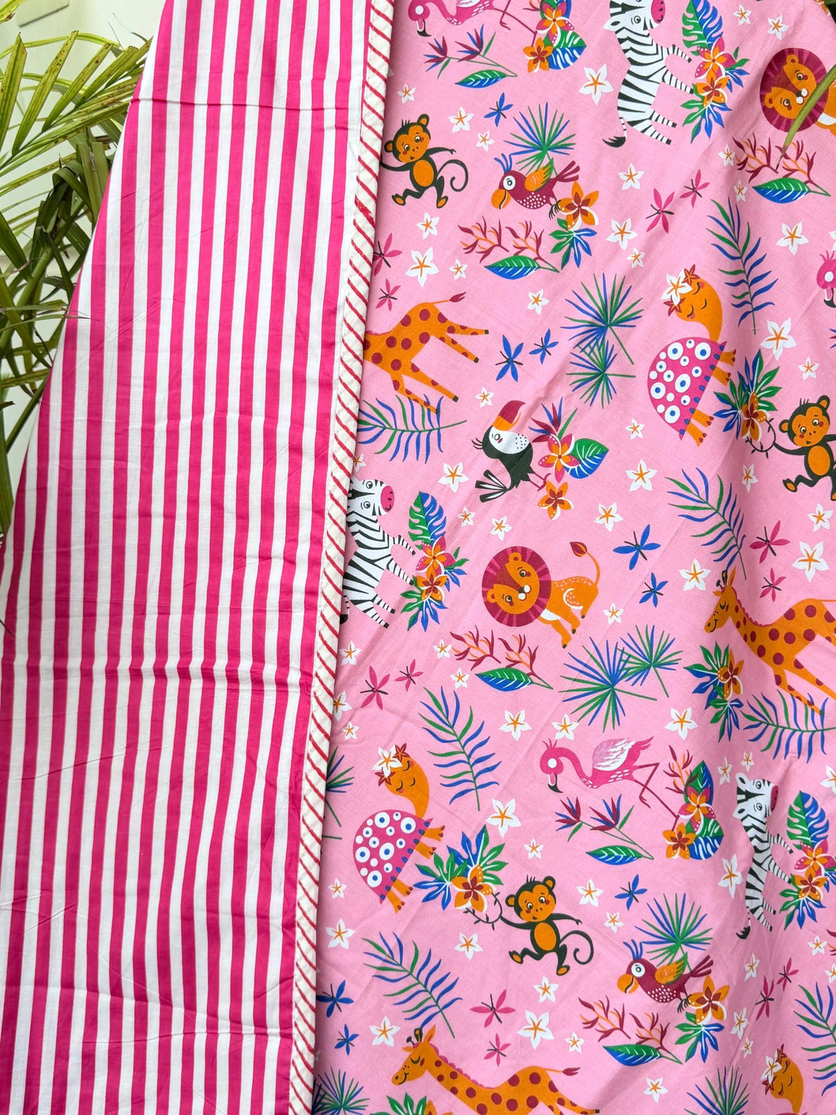 Pink Jungle Animals Reversible Kids Cotton Blanket