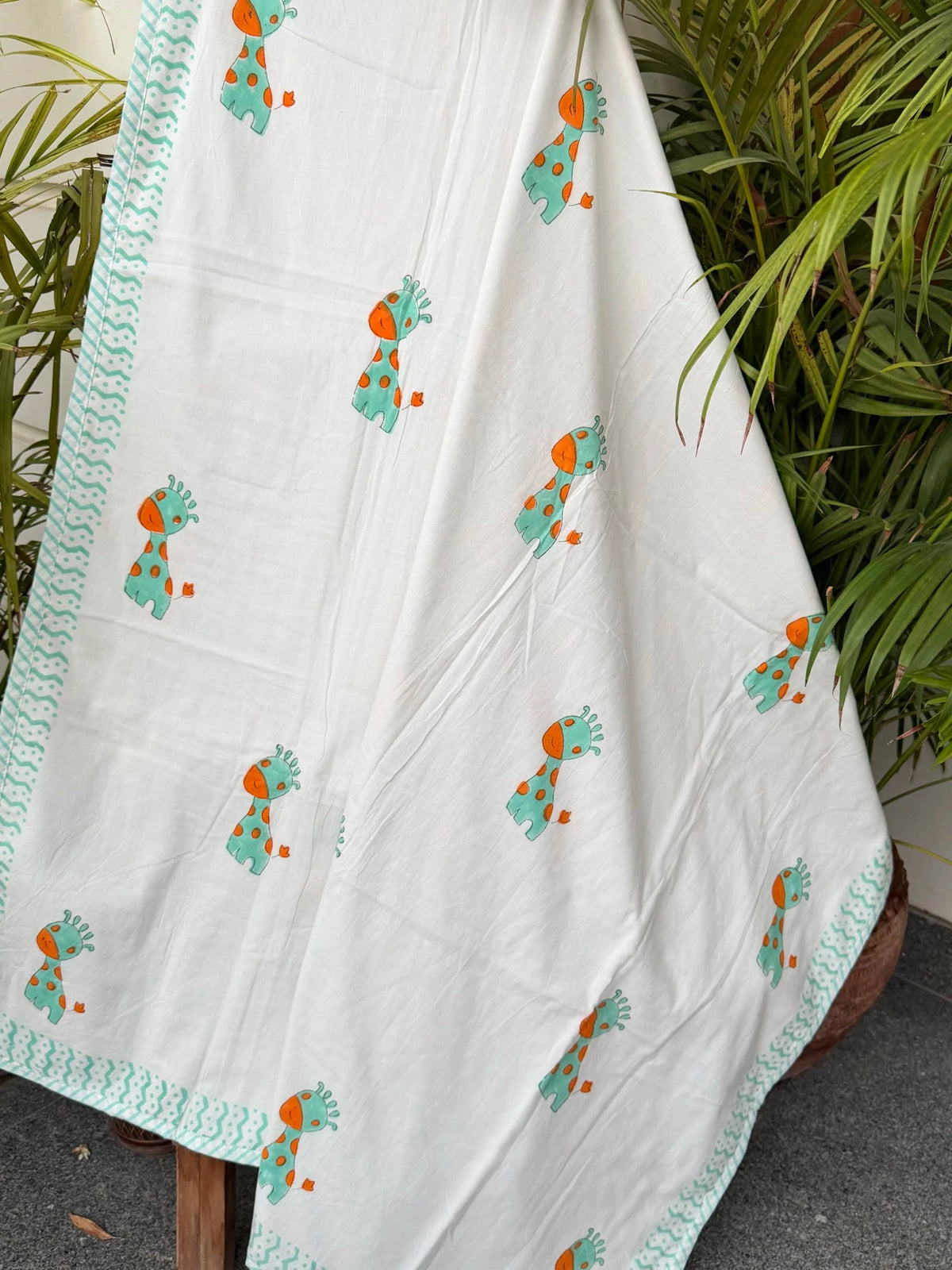 White Giraffe Handblock Printed Reversible Kids Cotton Blanket