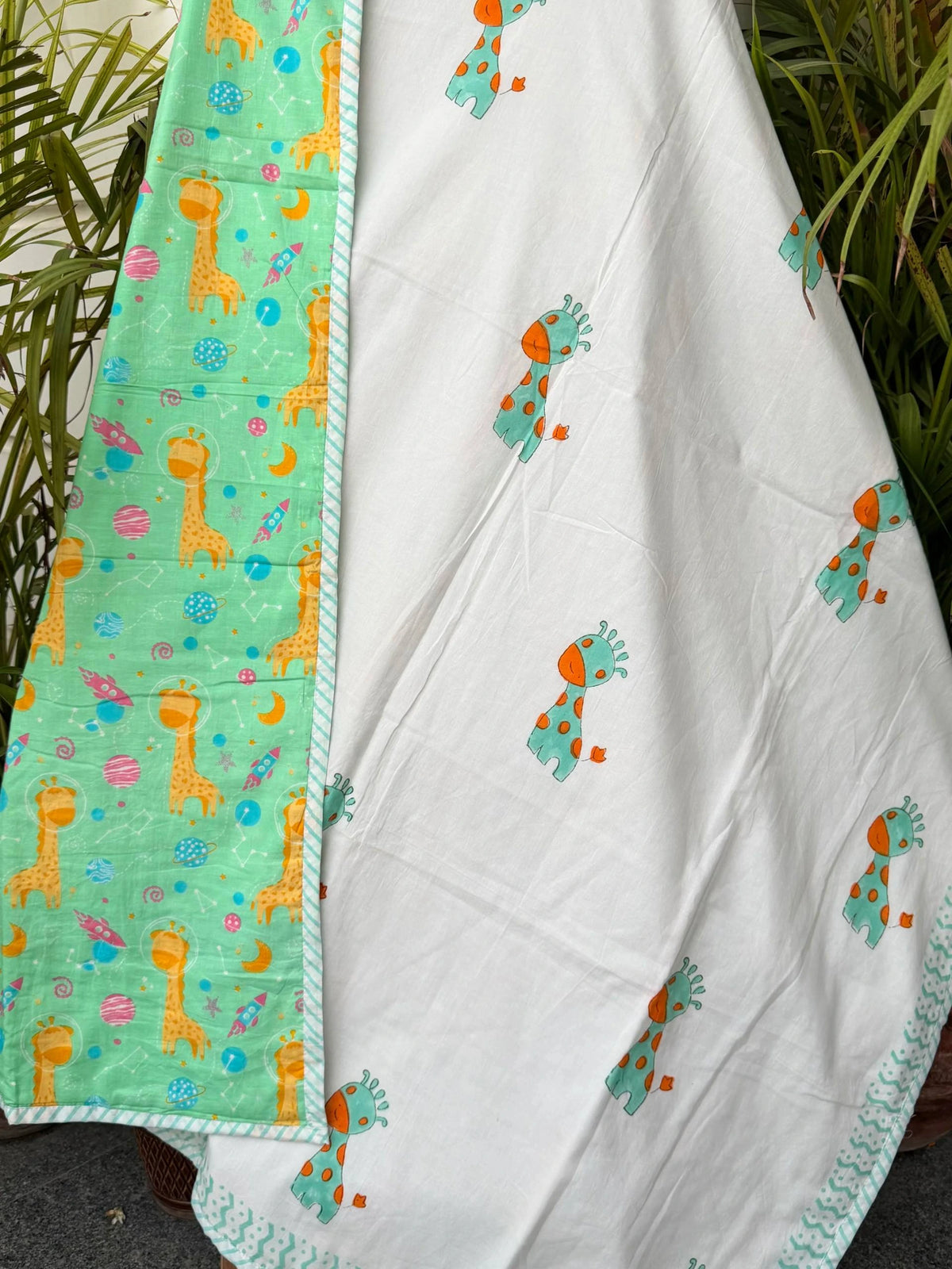 White Giraffe Handblock Printed Reversible Kids Cotton Blanket