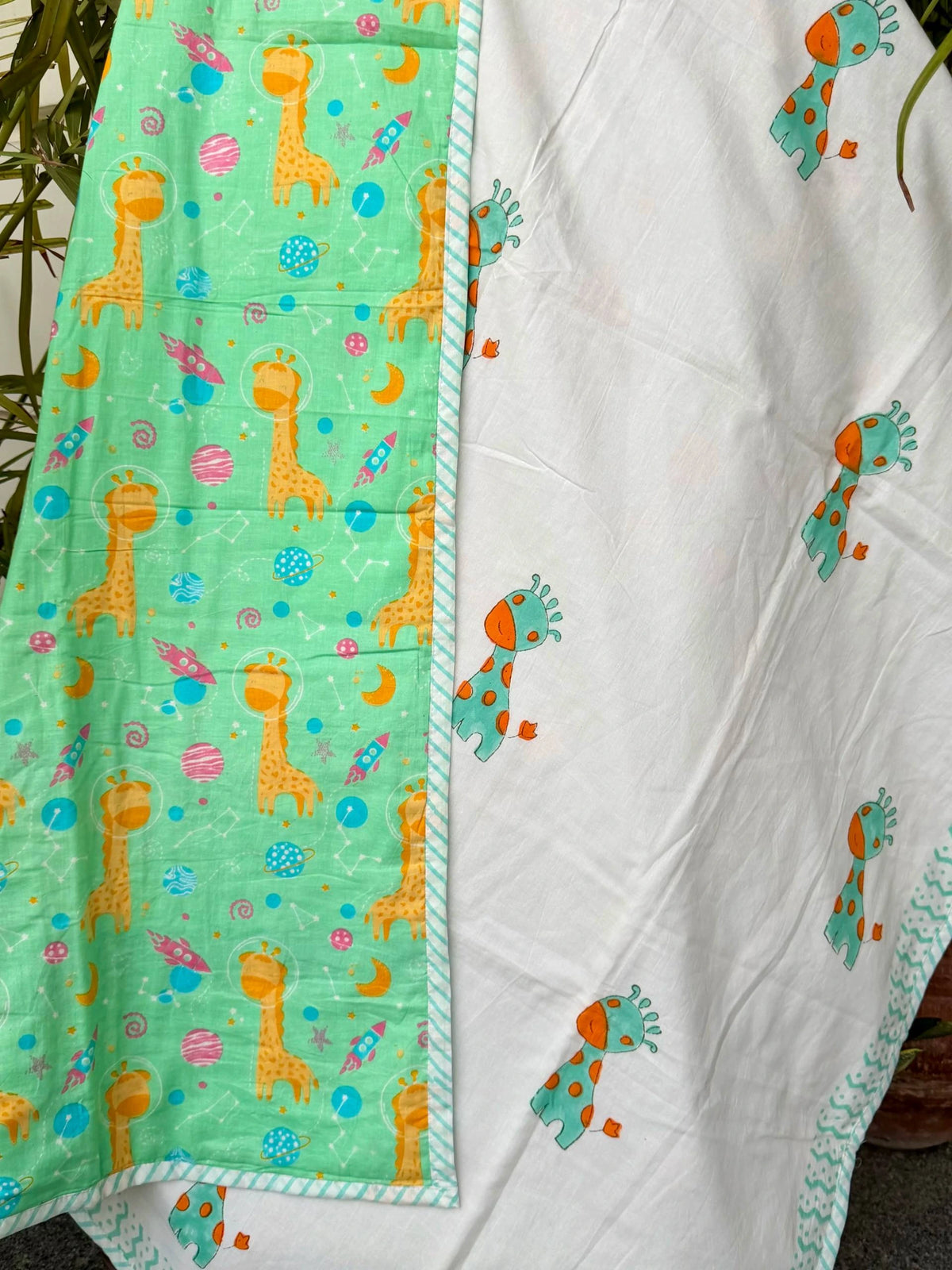 White Giraffe Handblock Printed Reversible Kids Cotton Blanket
