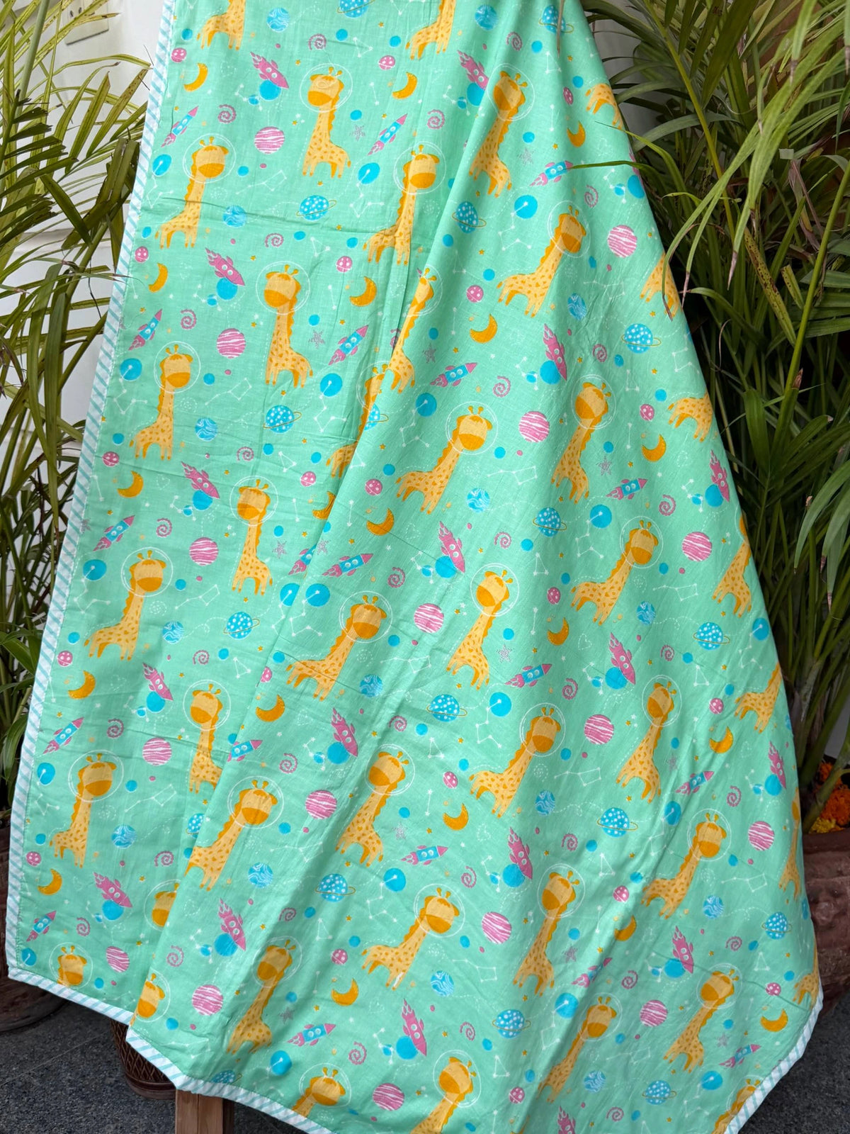 White Giraffe Handblock Printed Reversible Kids Cotton Blanket