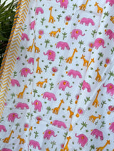 Pink Elephant & Giraffe Printed Reversible Kids Cotton Blanket