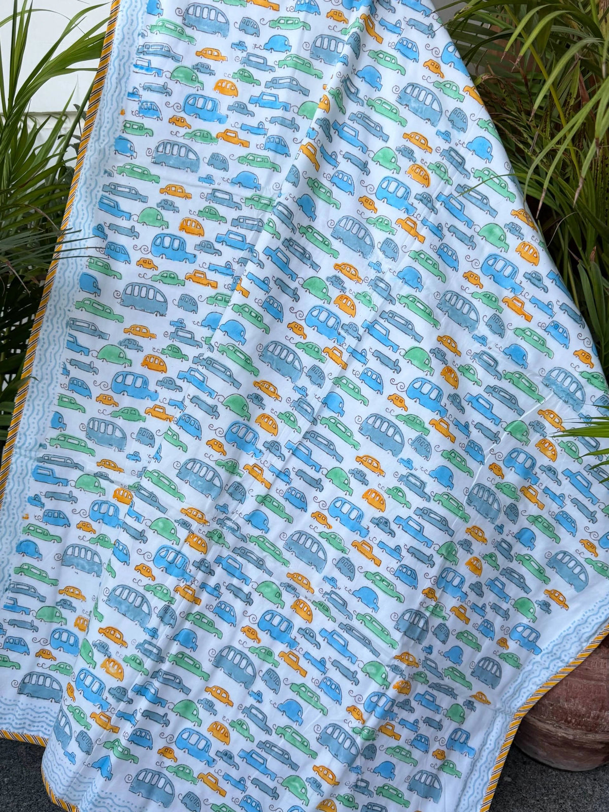 Blue & Multicolour Car Print Reversible Kids Cotton Blanket