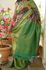 Peach and Turquoise Floral Theme Pure Silk Kanchipattu Kalamkari Saree