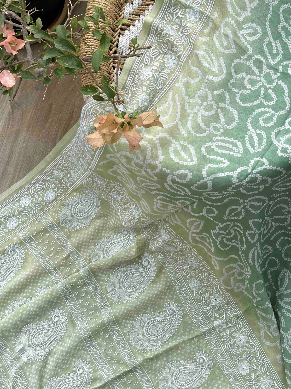 Light Green Pure Banarsee Georgette Bandhani Saree with Machine Embroidery