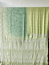 Light Green Pure Banarsee Georgette Bandhani Saree with Machine Embroidery