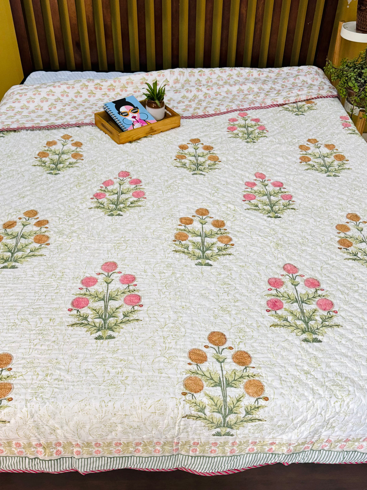 Floral HandBlock Printed Mulmul Reversible King Size Quilt