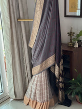 Multicolored Pure Banarsi Georgette Bandhani Saree In Off White and Black