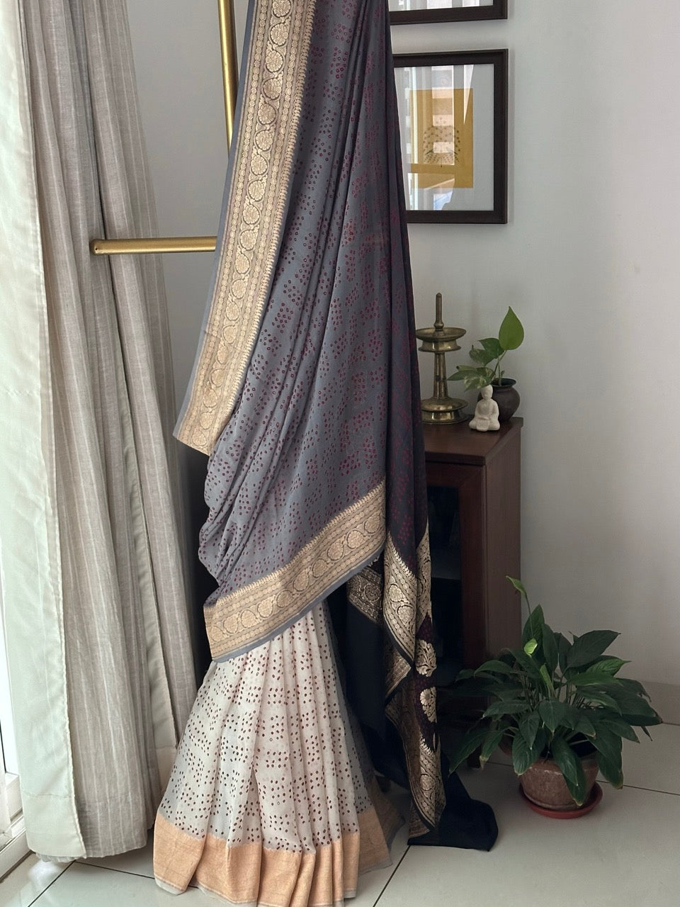 Multicolored Pure Banarsi Georgette Bandhani Saree In Off White and Black