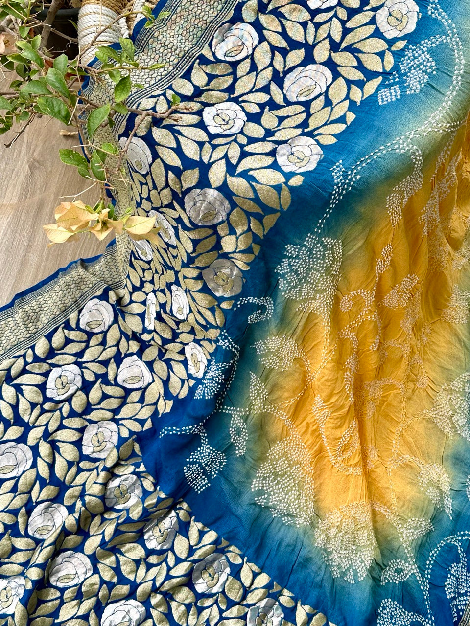 Dual Shade Blue and Yellow Exclusive Handloom Pure Banarsi Georgette Bandhani Saree