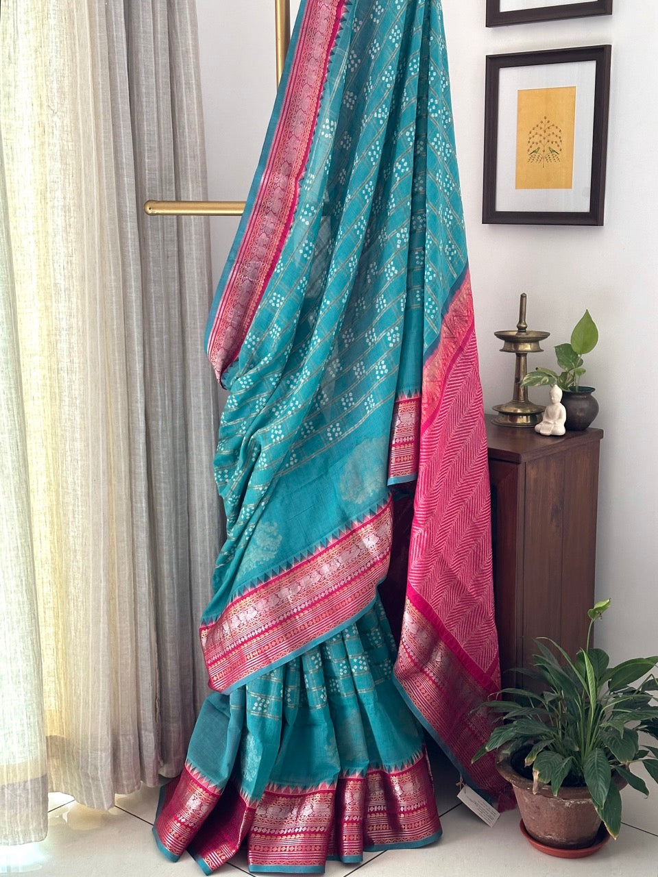 Kuppaddam Pattu (Cotton Silk) Bandhani Saree in Turquoise Colour