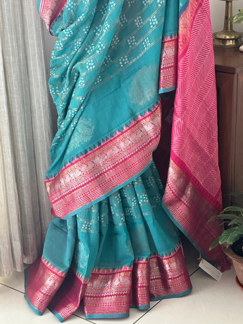 Kuppaddam Pattu (Cotton Silk) Bandhani Saree in Turquoise Colour