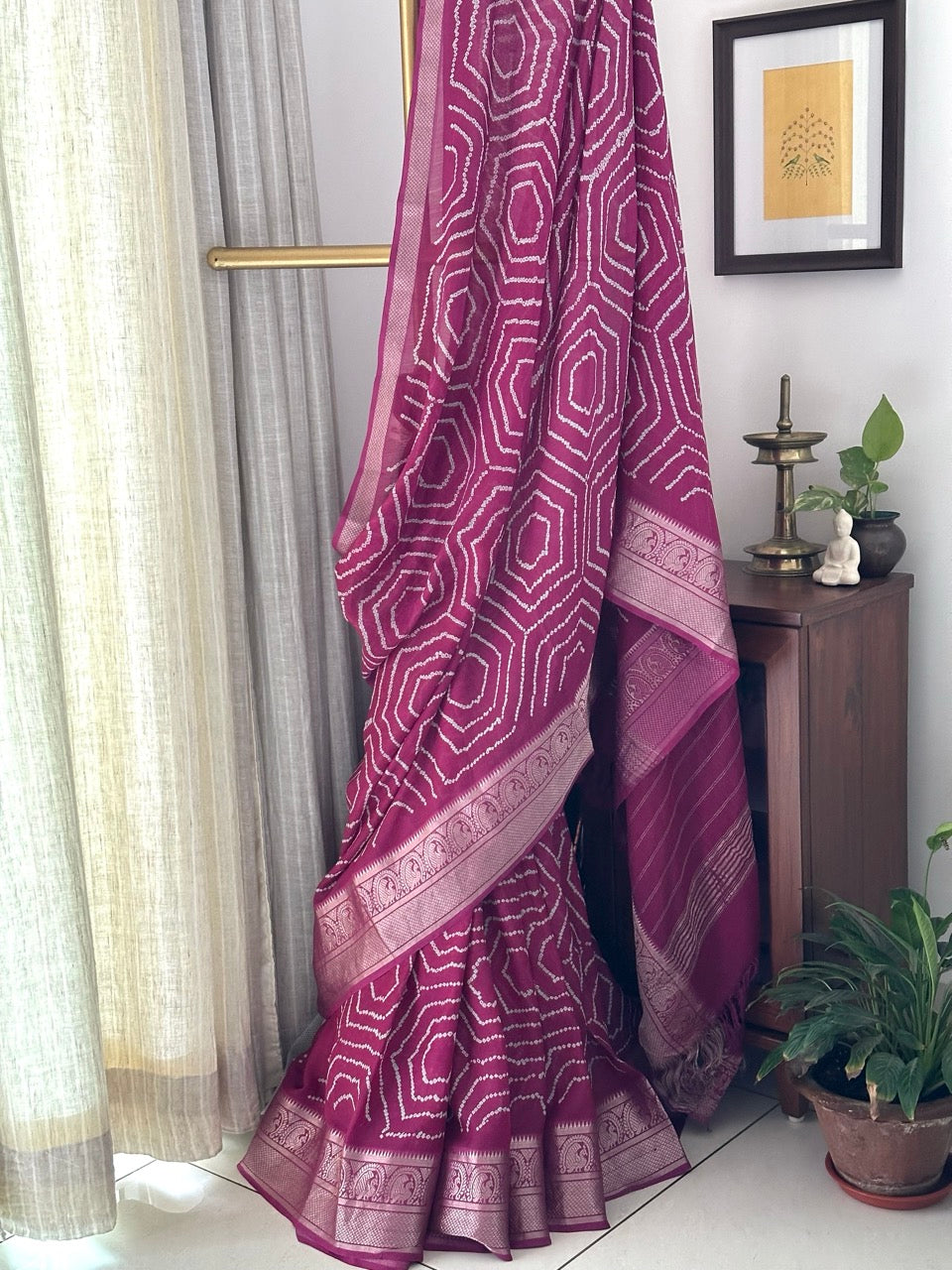 Mangalagiri Cotton Silk Bandhani Saree in Wine Colour