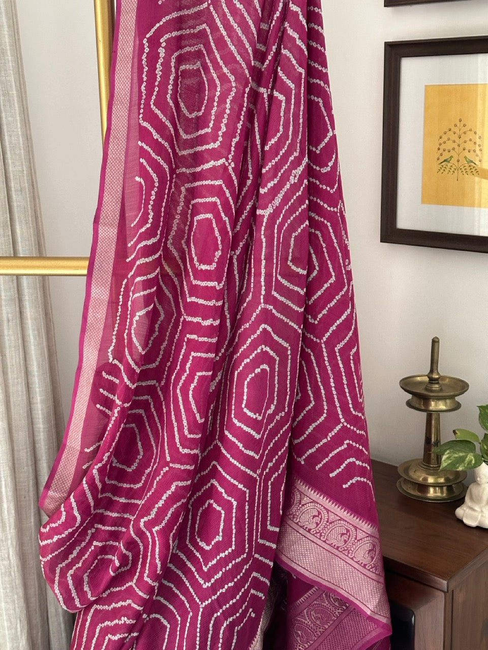 Mangalagiri Cotton Silk Bandhani Saree in Wine Colour