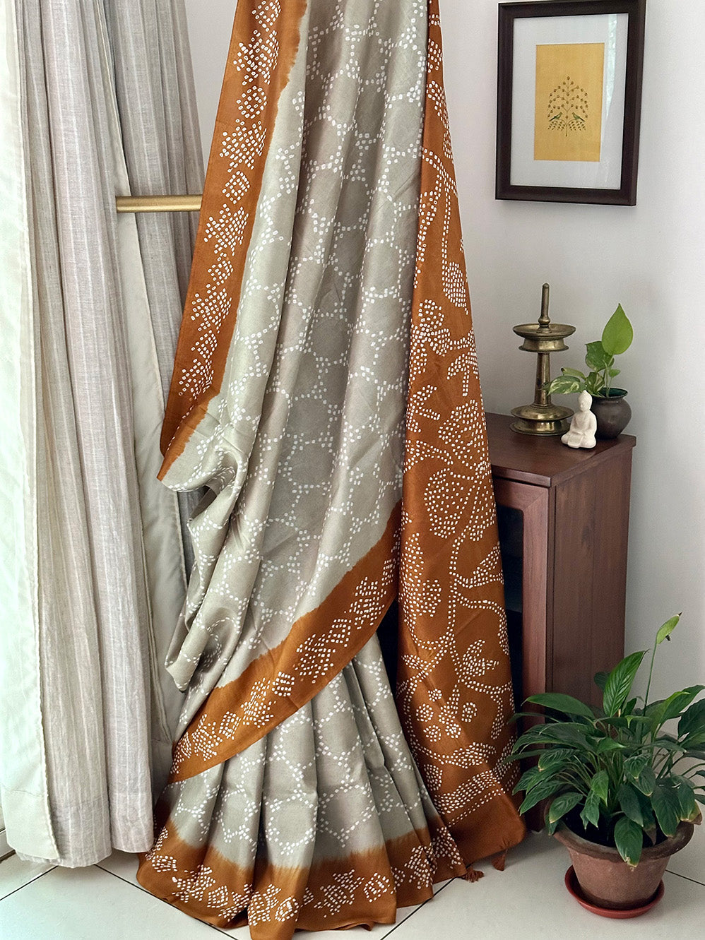 Mulberry Silk Bandhani Saree in Shades of Grey and Brown