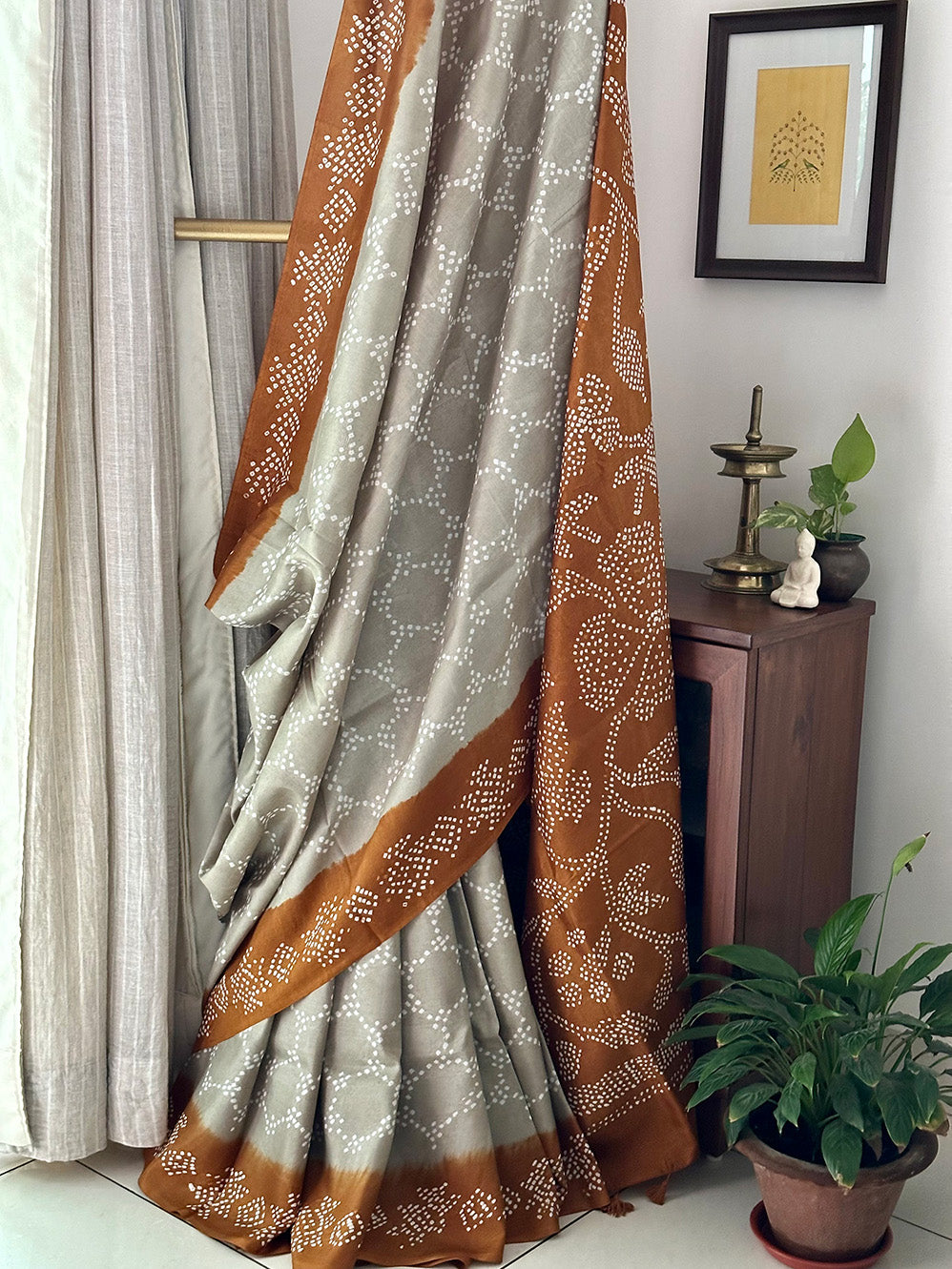 Mulberry Silk Bandhani Saree in Shades of Grey and Brown