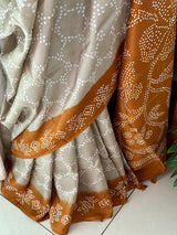 Mulberry Silk Bandhani Saree in Shades of Grey and Brown