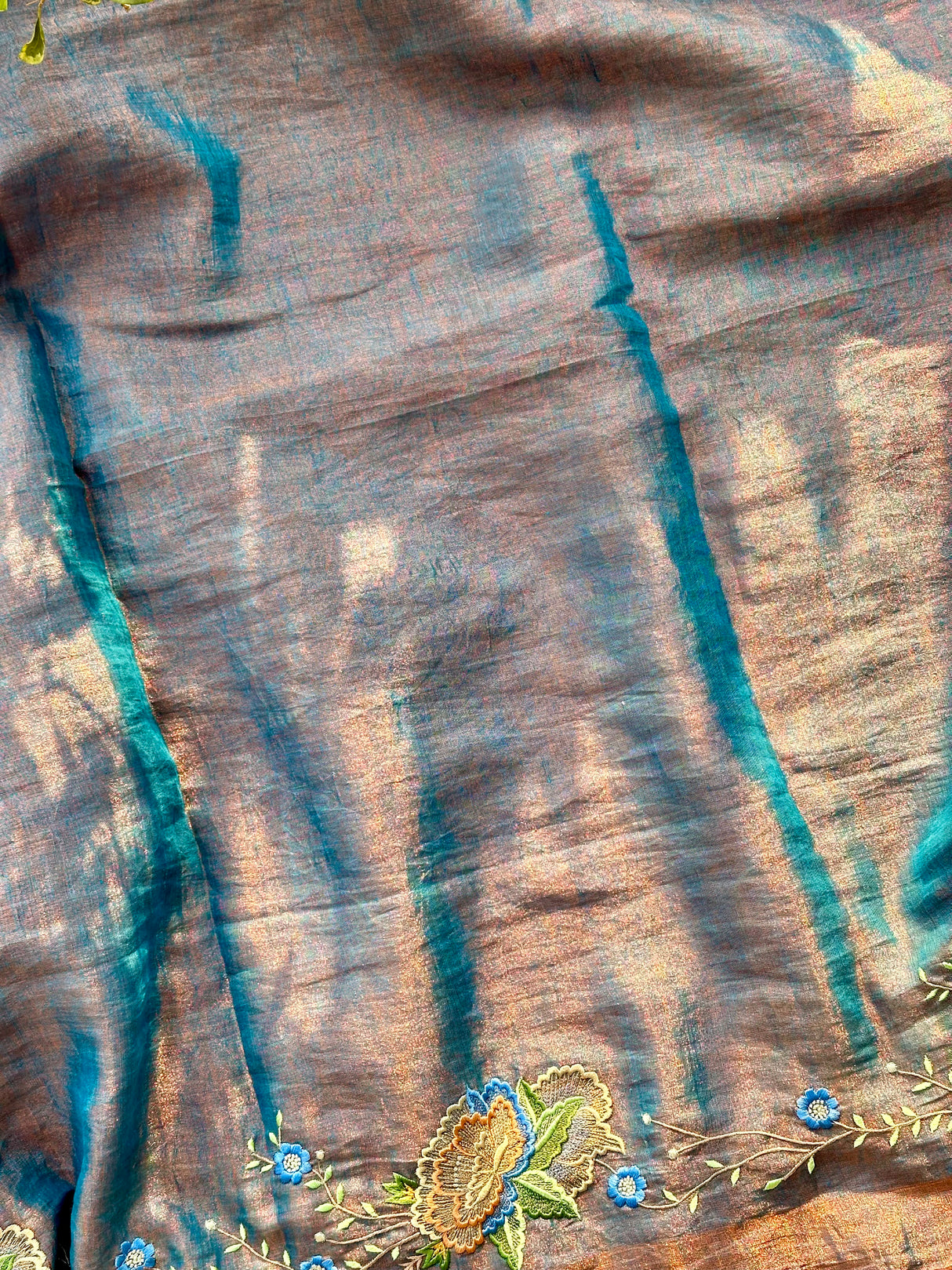 Blue and Copper Handloom Tissue Linen Saree with Machine Embroidery