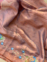 Blue and Copper Handloom Tissue Linen Saree with Machine Embroidery