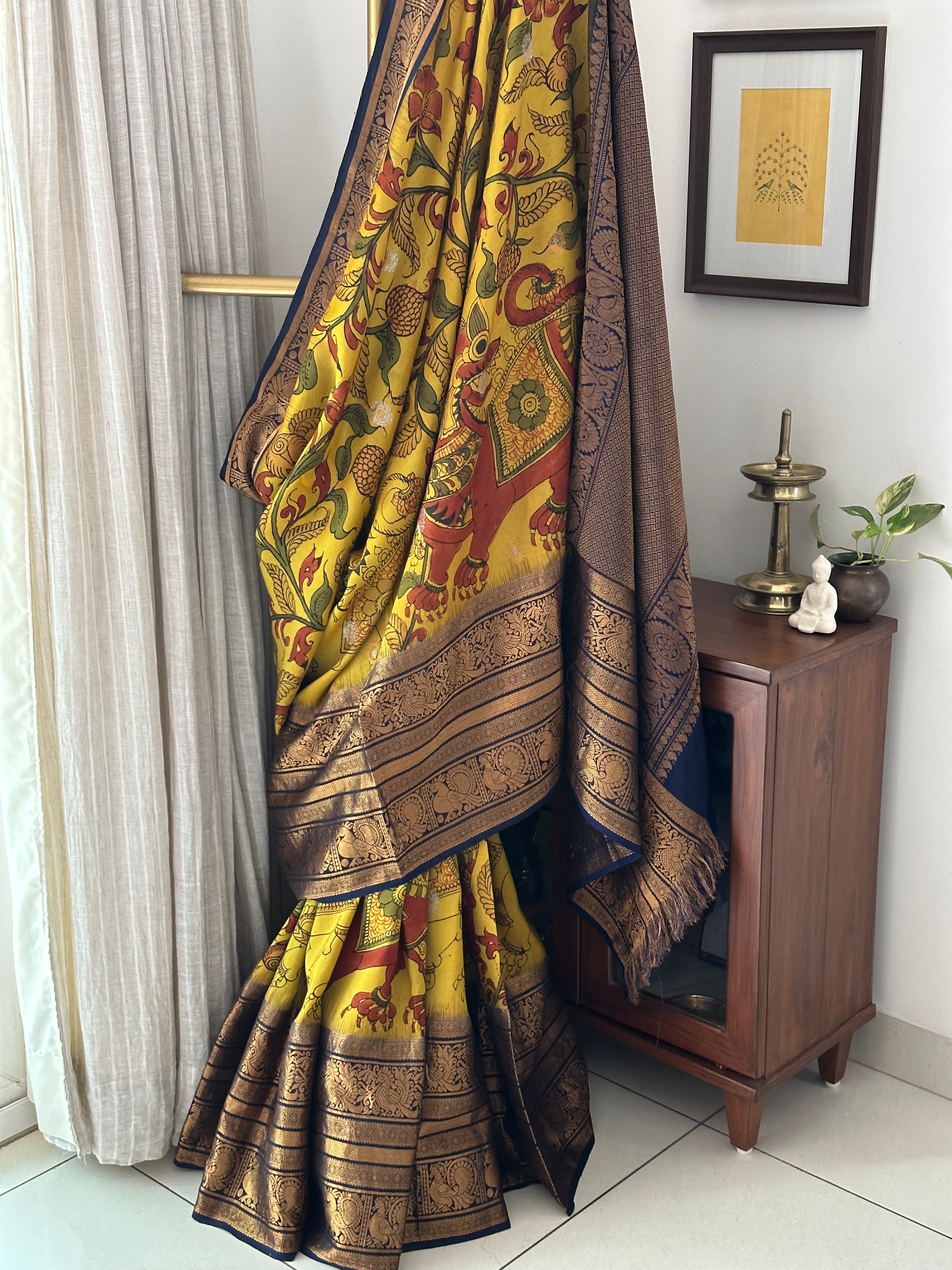 Yellow Colour Base Yali Theme Pure Silk Kanchipattu Kalamkari Saree