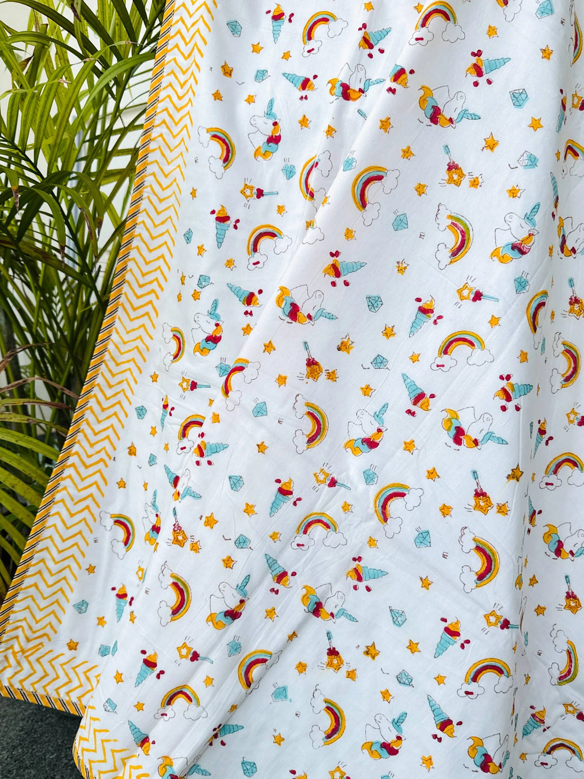Rainbow Unicorn & Stars Handblock Printed Kids Cotton Blanket