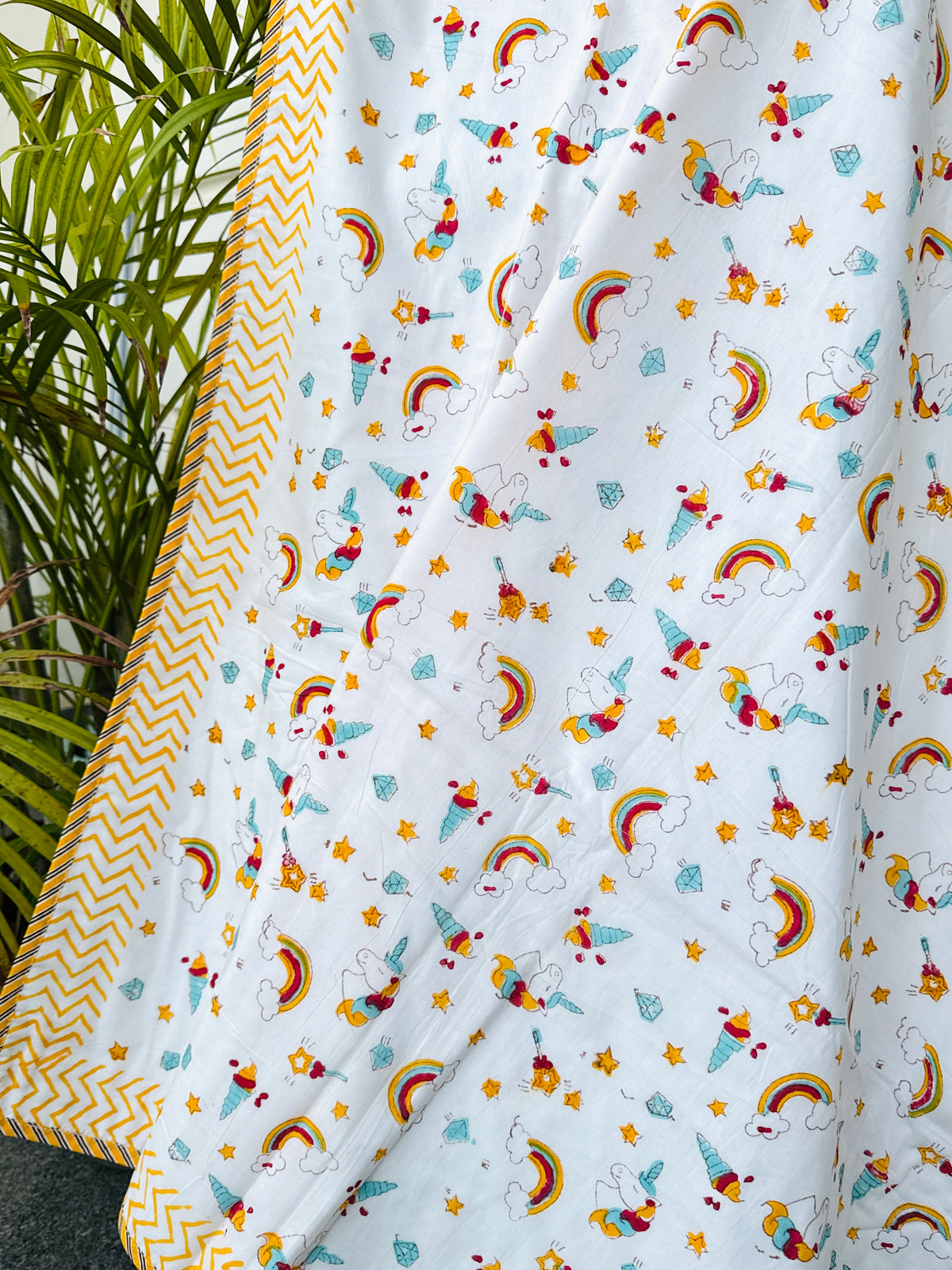Rainbow Unicorn & Stars Handblock Printed Kids Cotton Dohar
