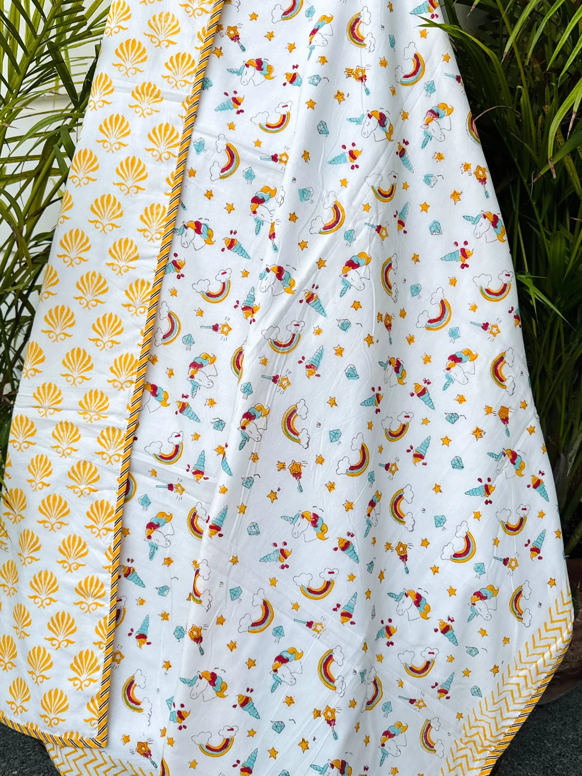 Rainbow Unicorn & Stars Handblock Printed Kids Cotton Blanket