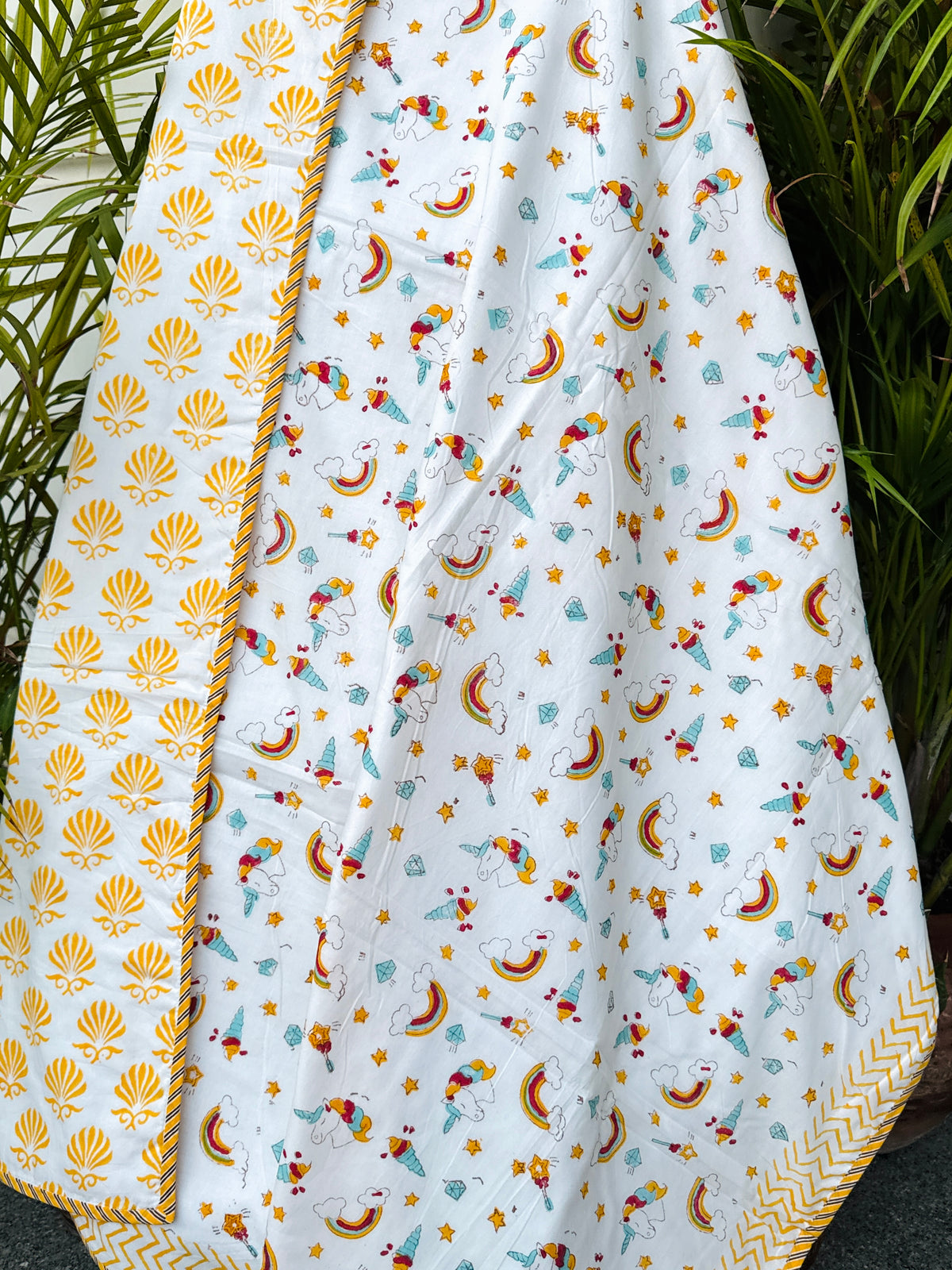 Rainbow Unicorn & Stars Handblock Printed Kids Cotton Dohar