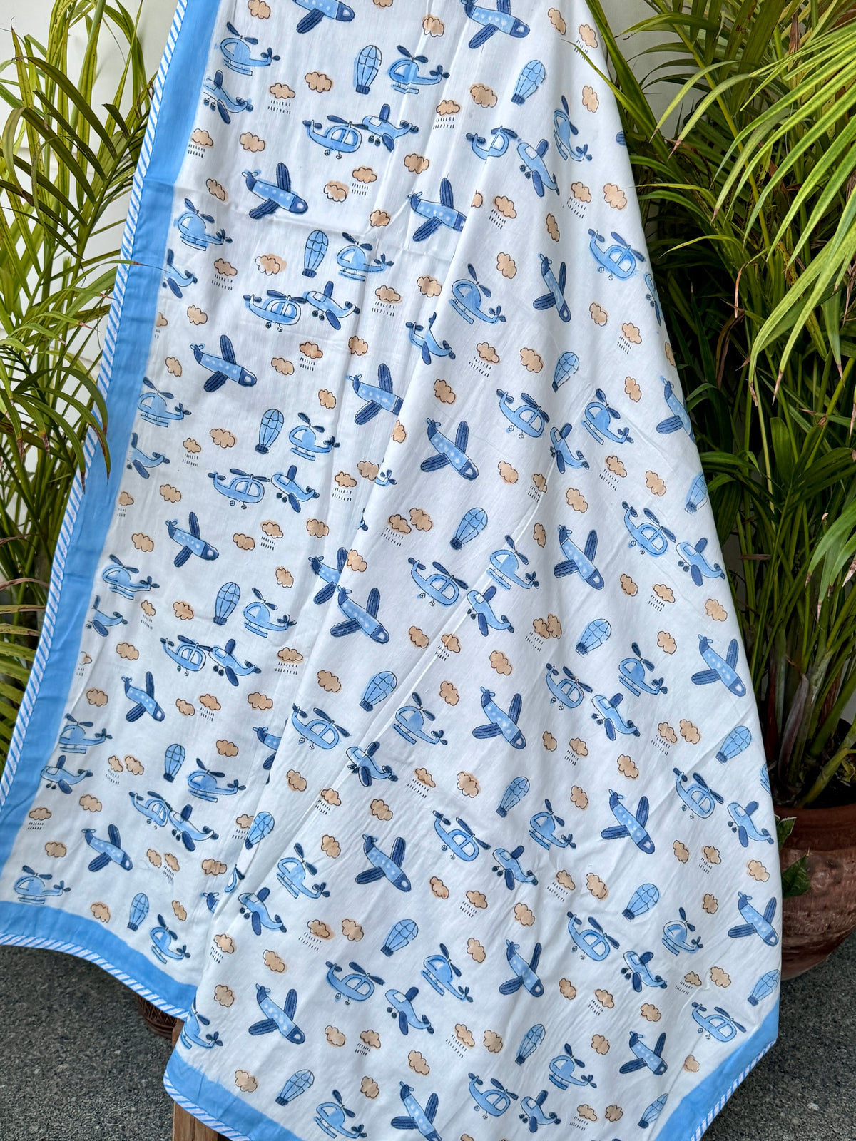 Little Aviator Aeroplane Handblock Printed Kids Cotton Dohar