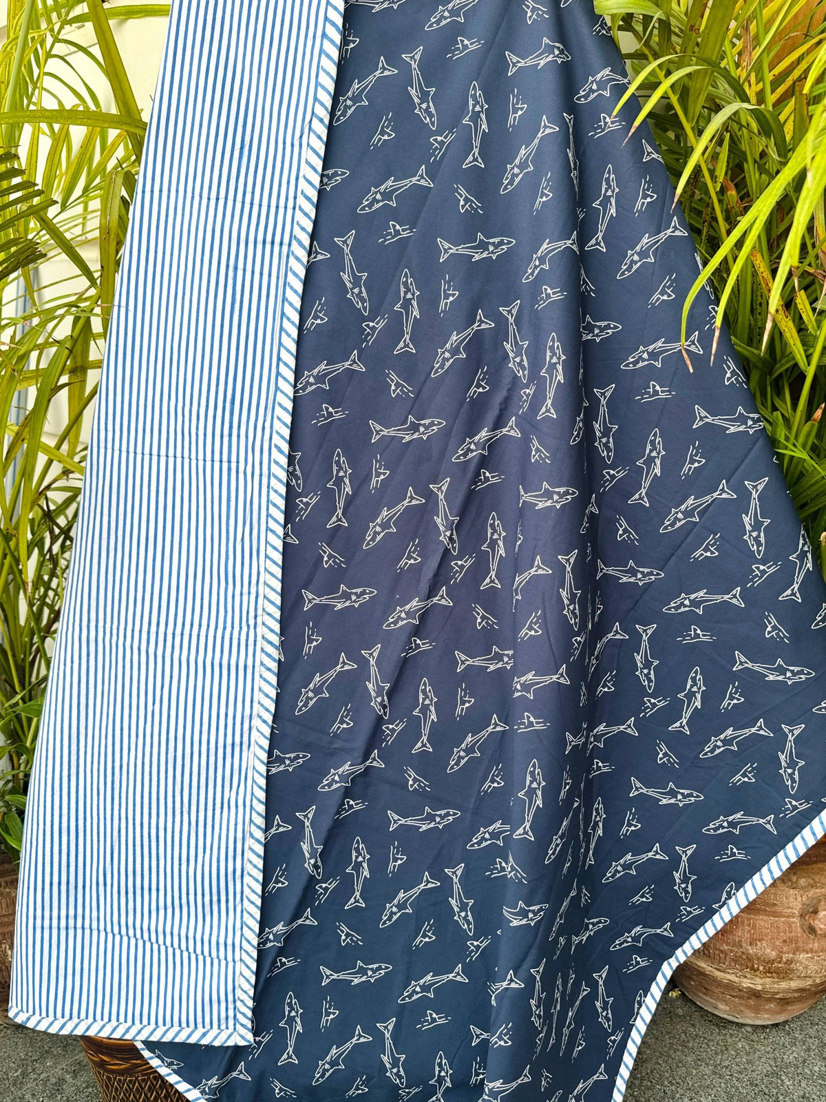 Blue Shark Print Reversible Kids Cotton Blanket