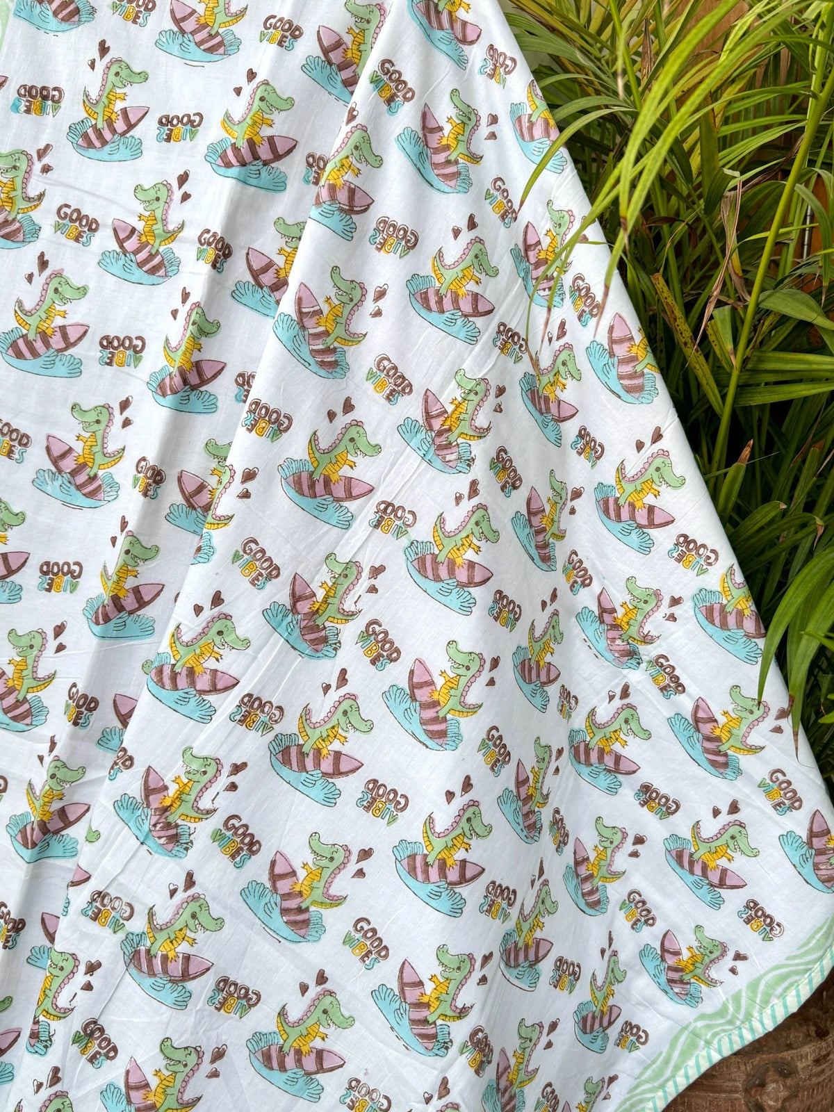Good Vibes Dinosaur Handblock Printed Reversible Kids Cotton Blanket