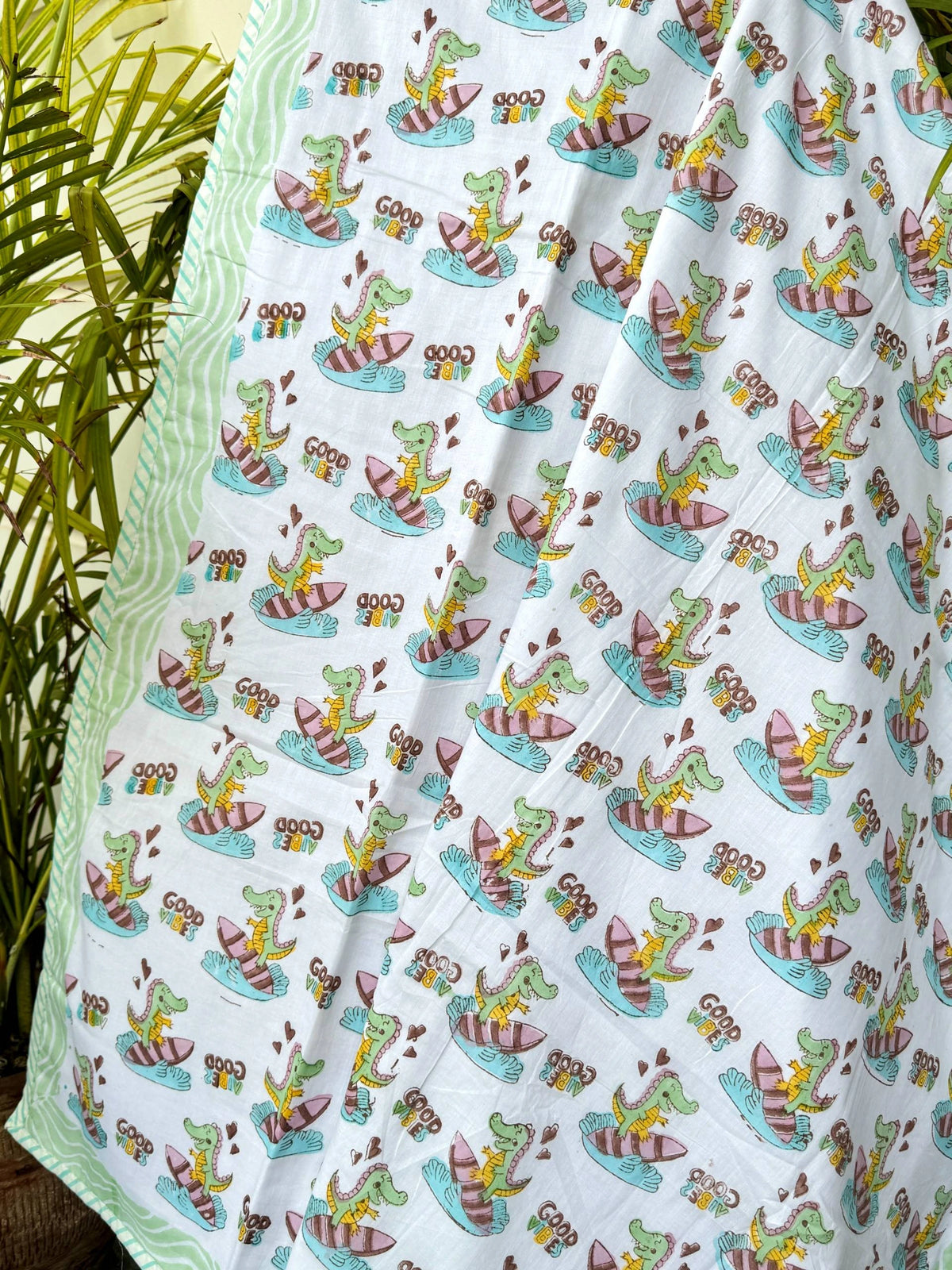 Good Vibes Dinosaur Handblock Printed Reversible Kids Cotton Blanket
