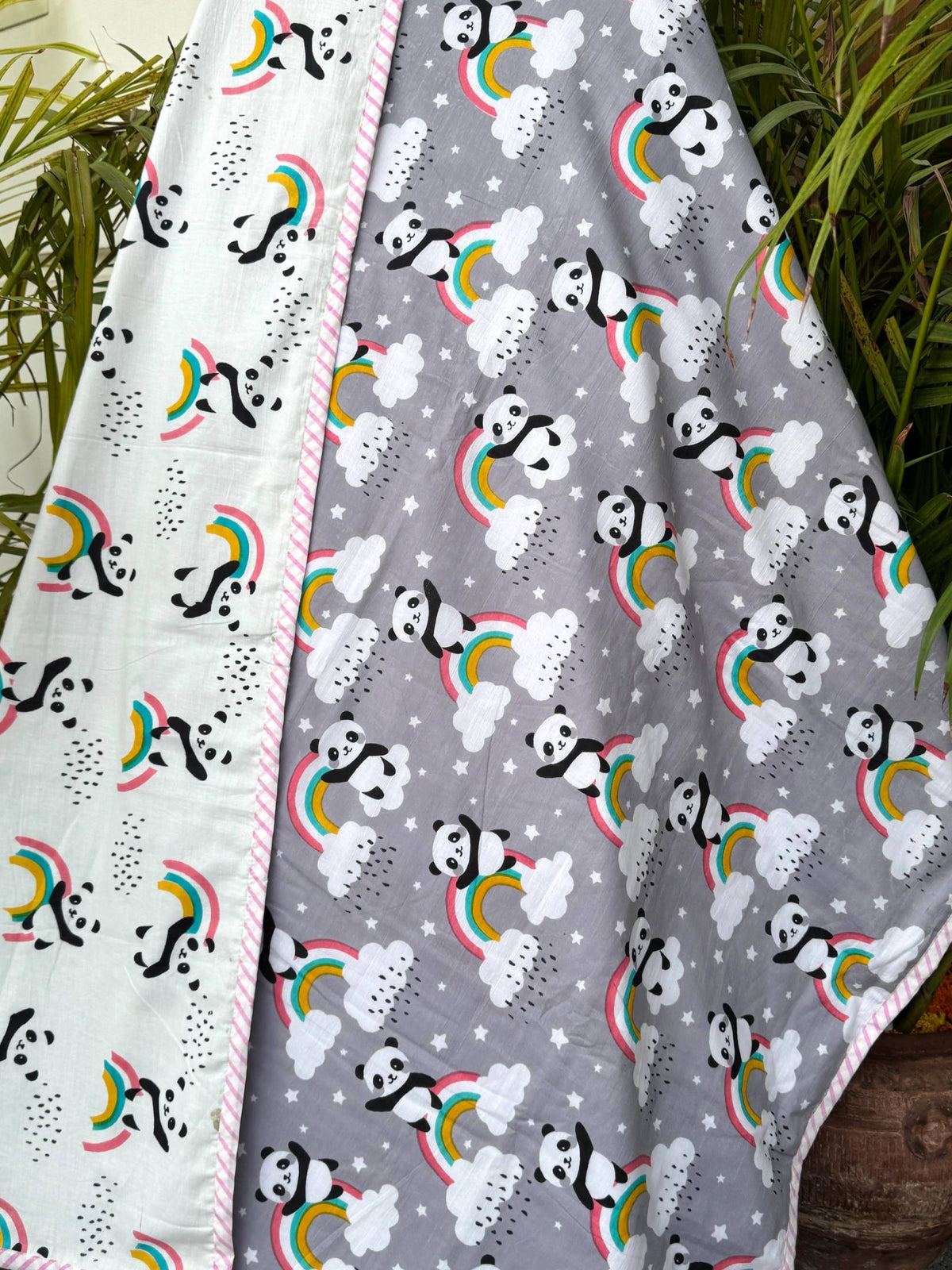 Grey Panda Rainbow Reversible Kids Cotton Blanket