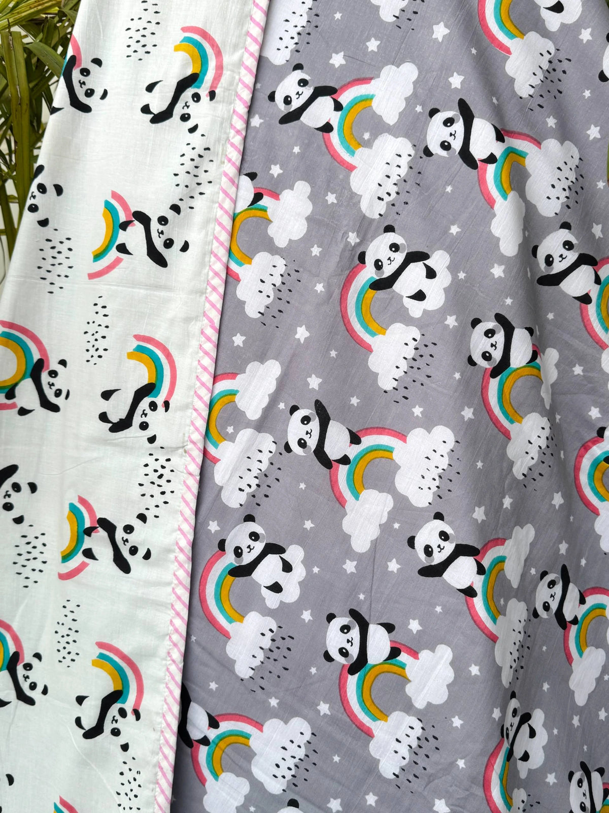 Grey Panda Rainbow Reversible Kids Cotton Blanket
