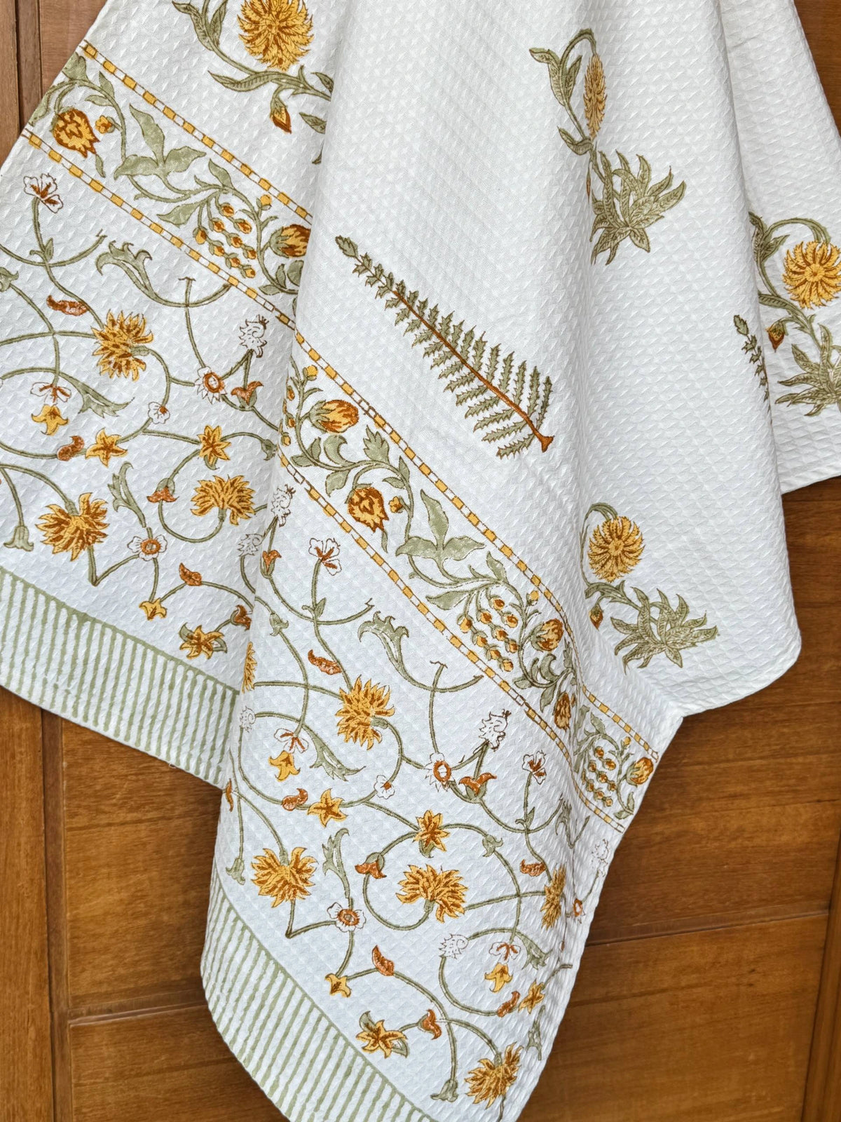 Golden Fern Handblock Printed Waffle Weave Cotton Towel Set (1 Bath, 2 Hand)
