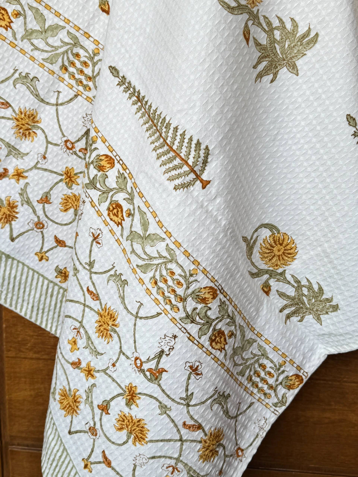 Golden Fern Handblock Printed Waffle Weave Cotton Towel Set (1 Bath, 2 Hand)