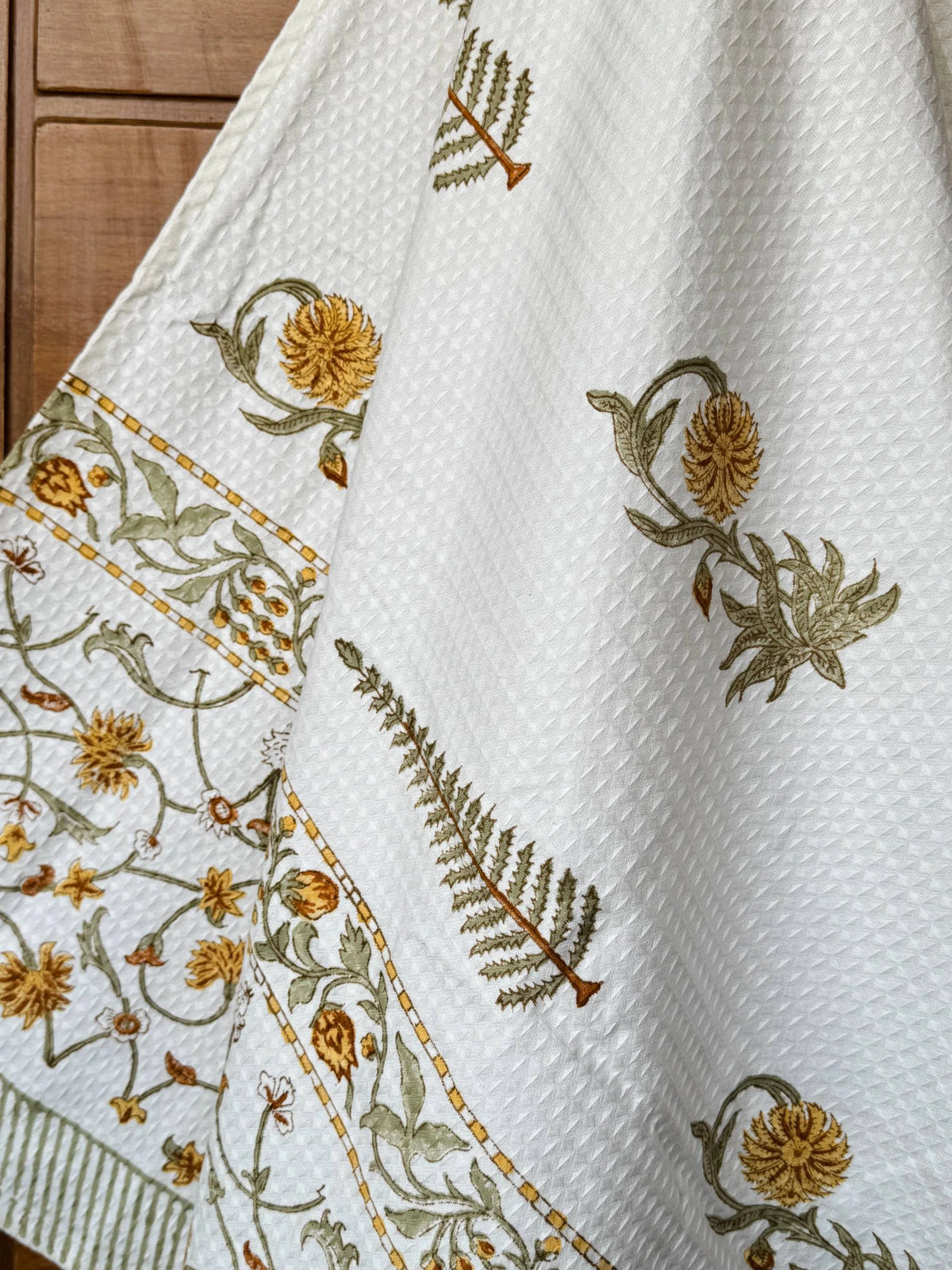 Golden Fern Handblock Printed Waffle Weave Cotton Towel Set (1 Bath, 2 Hand)