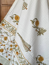 Golden Fern Handblock Printed Waffle Weave Cotton Towel Set (1 Bath, 2 Hand)