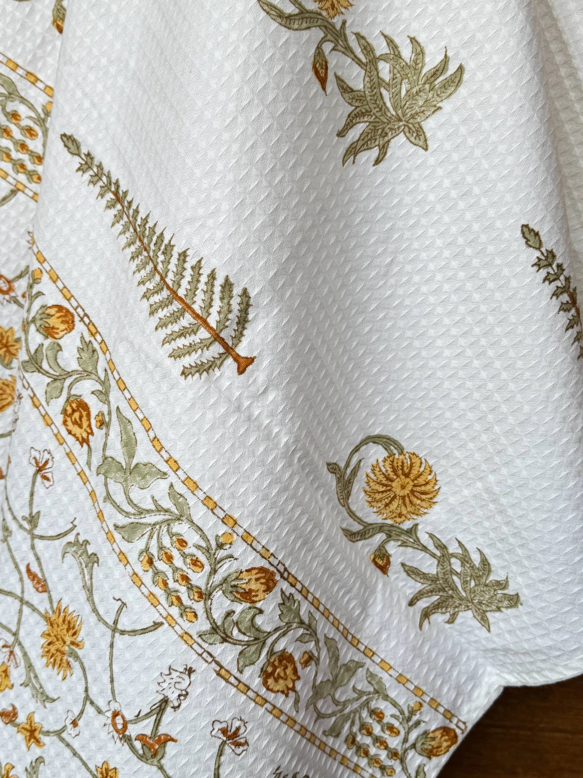 Golden Fern Handblock Printed Waffle Weave Cotton Towel Set (1 Bath, 2 Hand)