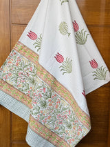 Floral Meadow Handblock Printed Waffle Weave Cotton Towel Set (1 Bath, 2 Hand)