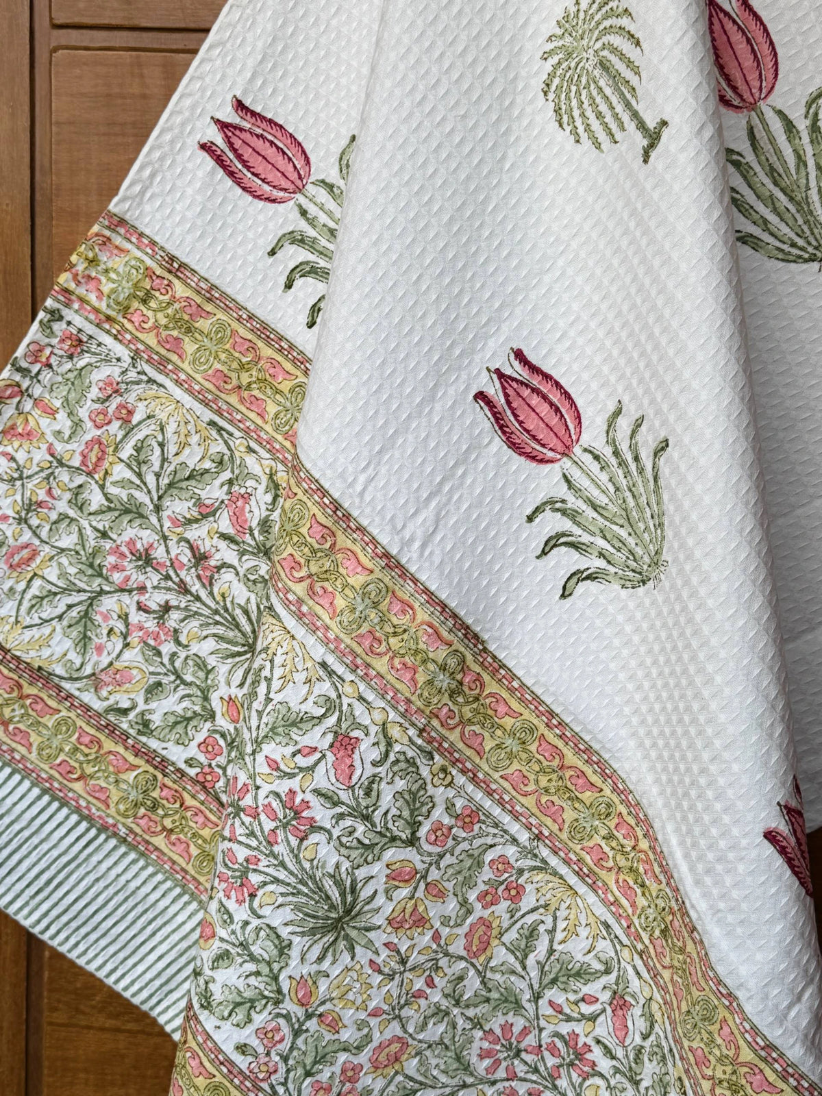 Floral Meadow Handblock Printed Waffle Weave Cotton Towel Set (1 Bath, 2 Hand)