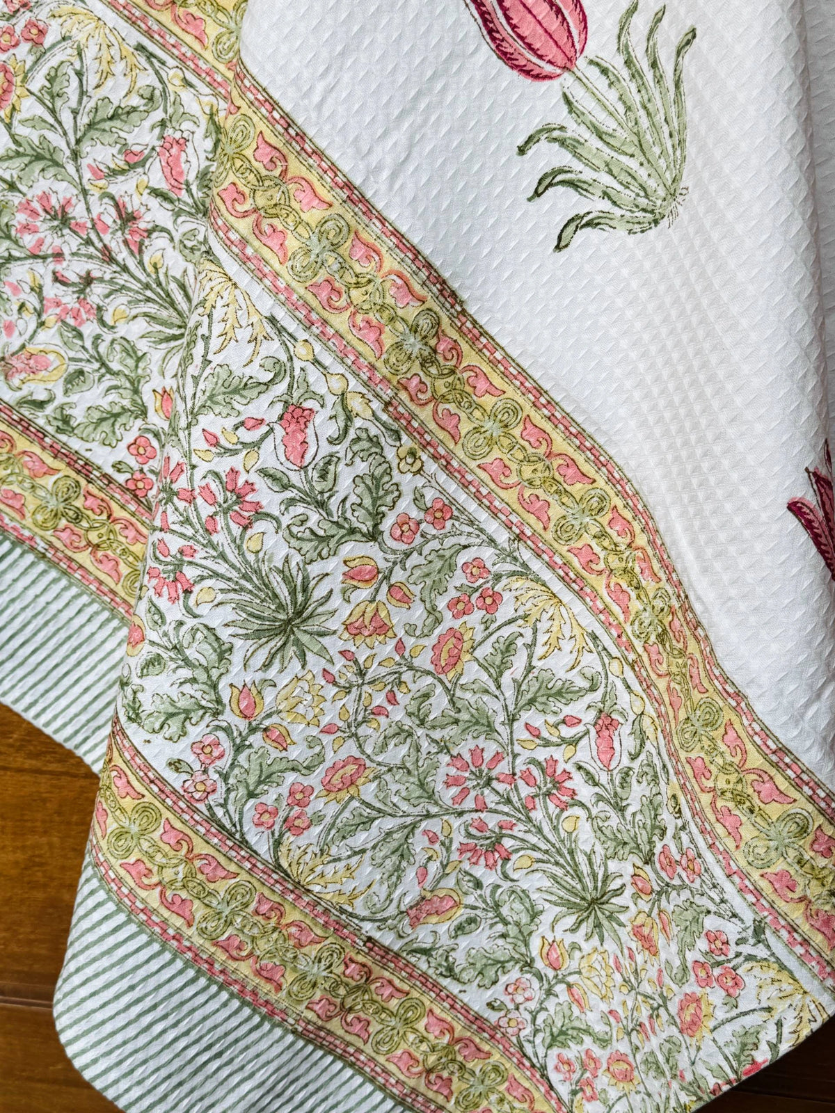 Floral Meadow Handblock Printed Waffle Weave Cotton Towel Set (1 Bath, 2 Hand)