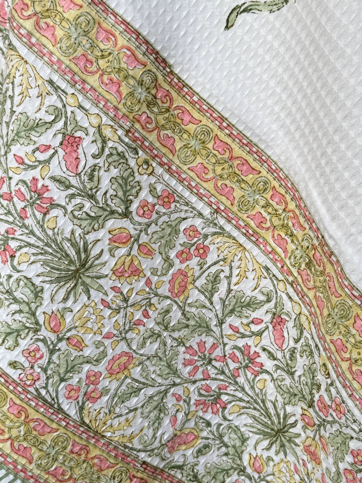 Floral Meadow Handblock Printed Waffle Weave Cotton Towel Set (1 Bath, 2 Hand)