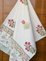 Tulip Garden Handblock Printed Waffle Weave Cotton Towel Set (1 Bath, 2 Hand)