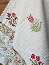Tulip Garden Handblock Printed Waffle Weave Cotton Towel Set (1 Bath, 2 Hand)