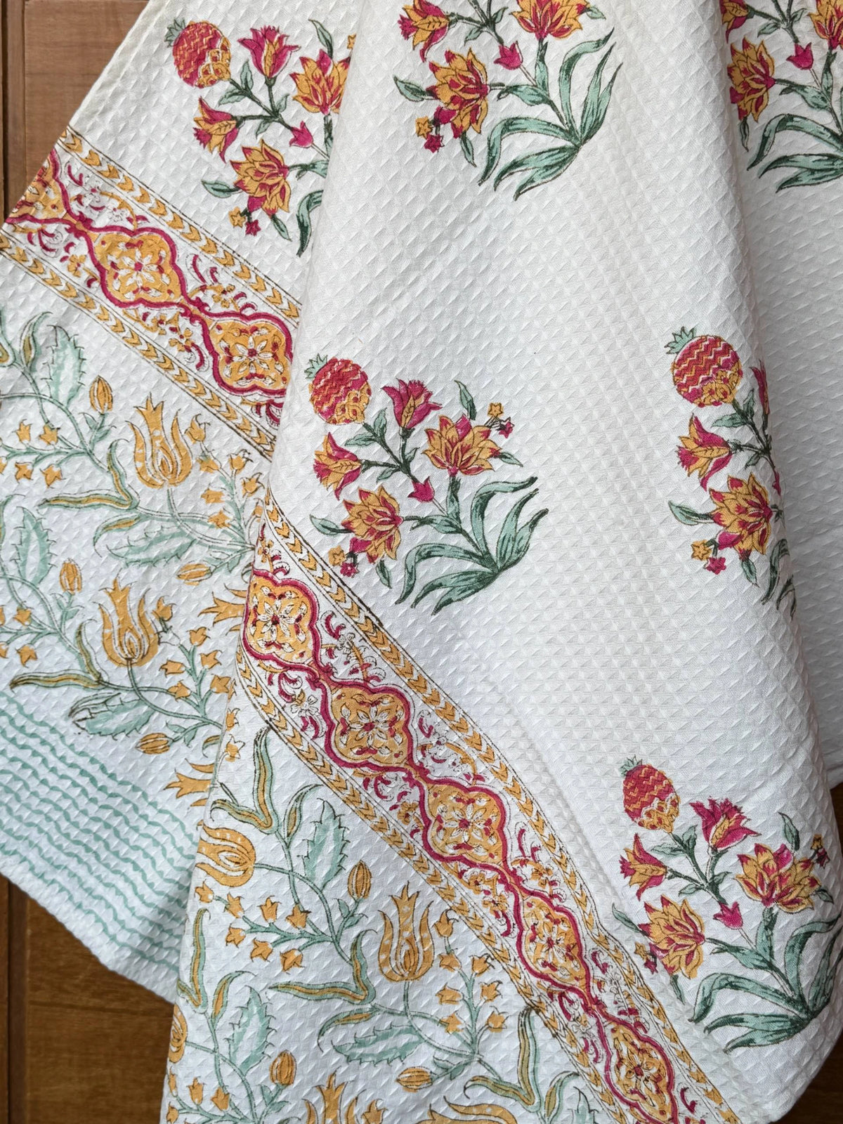 Floral Bloom Handblock Printed Waffle Weave Cotton Towel Set (1 Bath, 2 Hand)